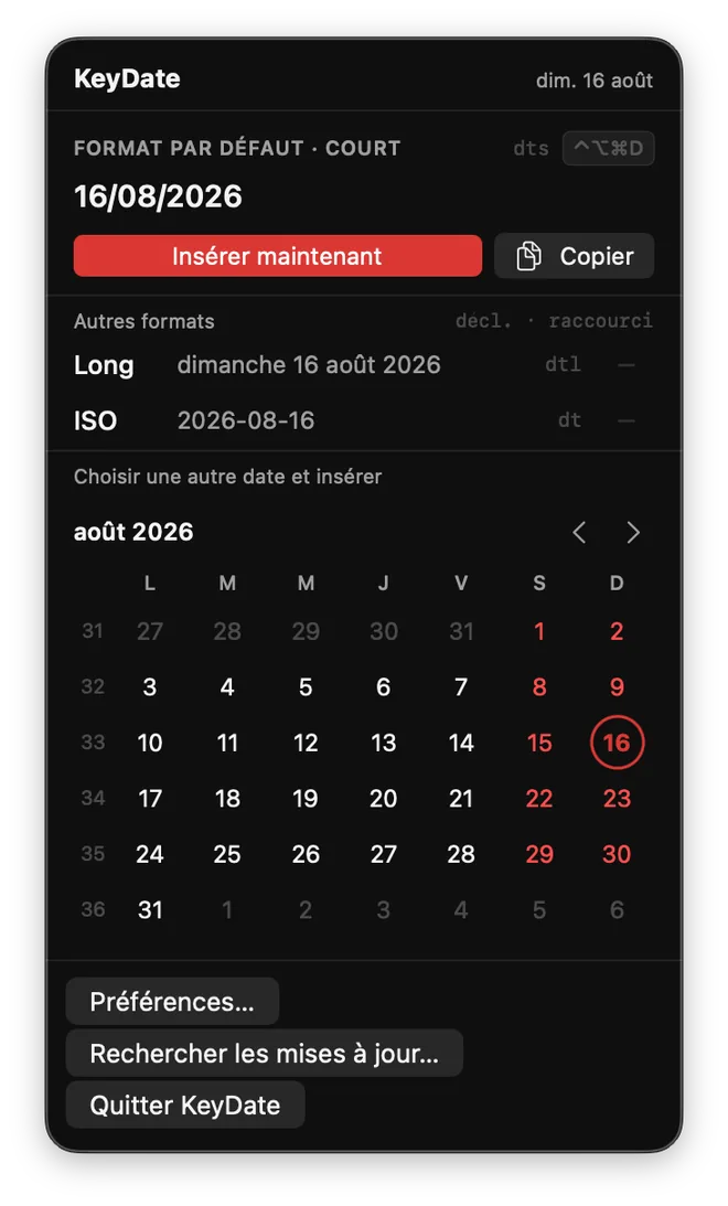 Popup KeyDate en mode sombre