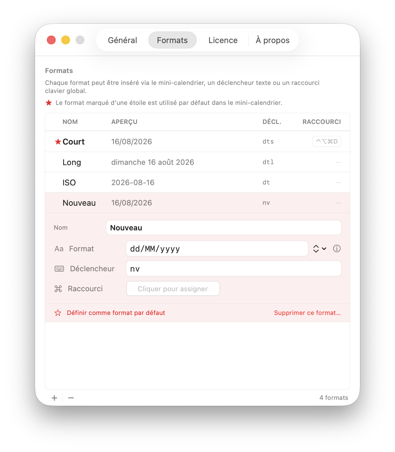 KeyDate Preferences, Formats tab: format list with triggers and shortcuts, format editor open