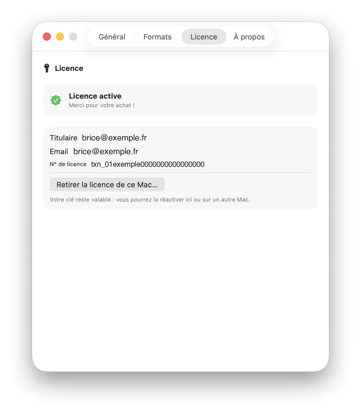 KeyDate Preferences, License tab: active license with holder, email and number, remove button