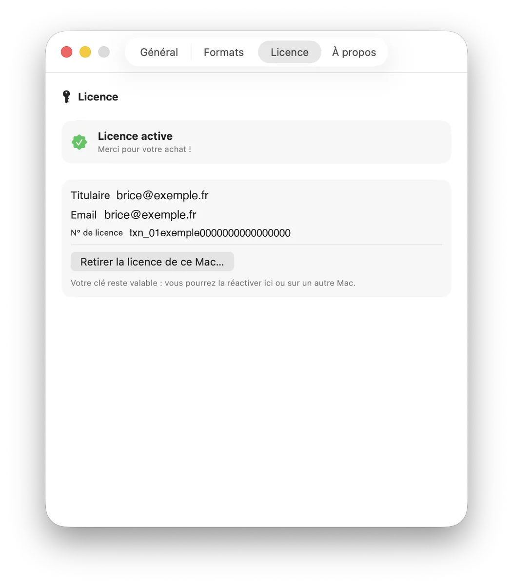 Préférences KeyDate, onglet Licence : licence active avec titulaire, email et numéro, bouton de retrait
