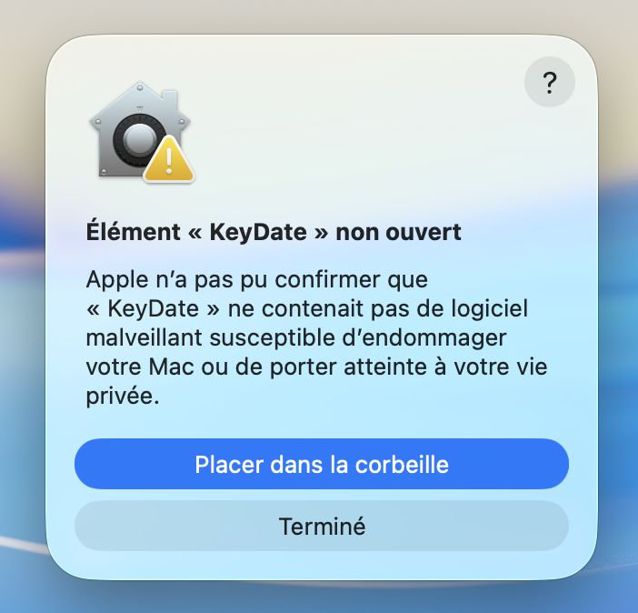 Alerte macOS — Élément KeyDate non ouvert