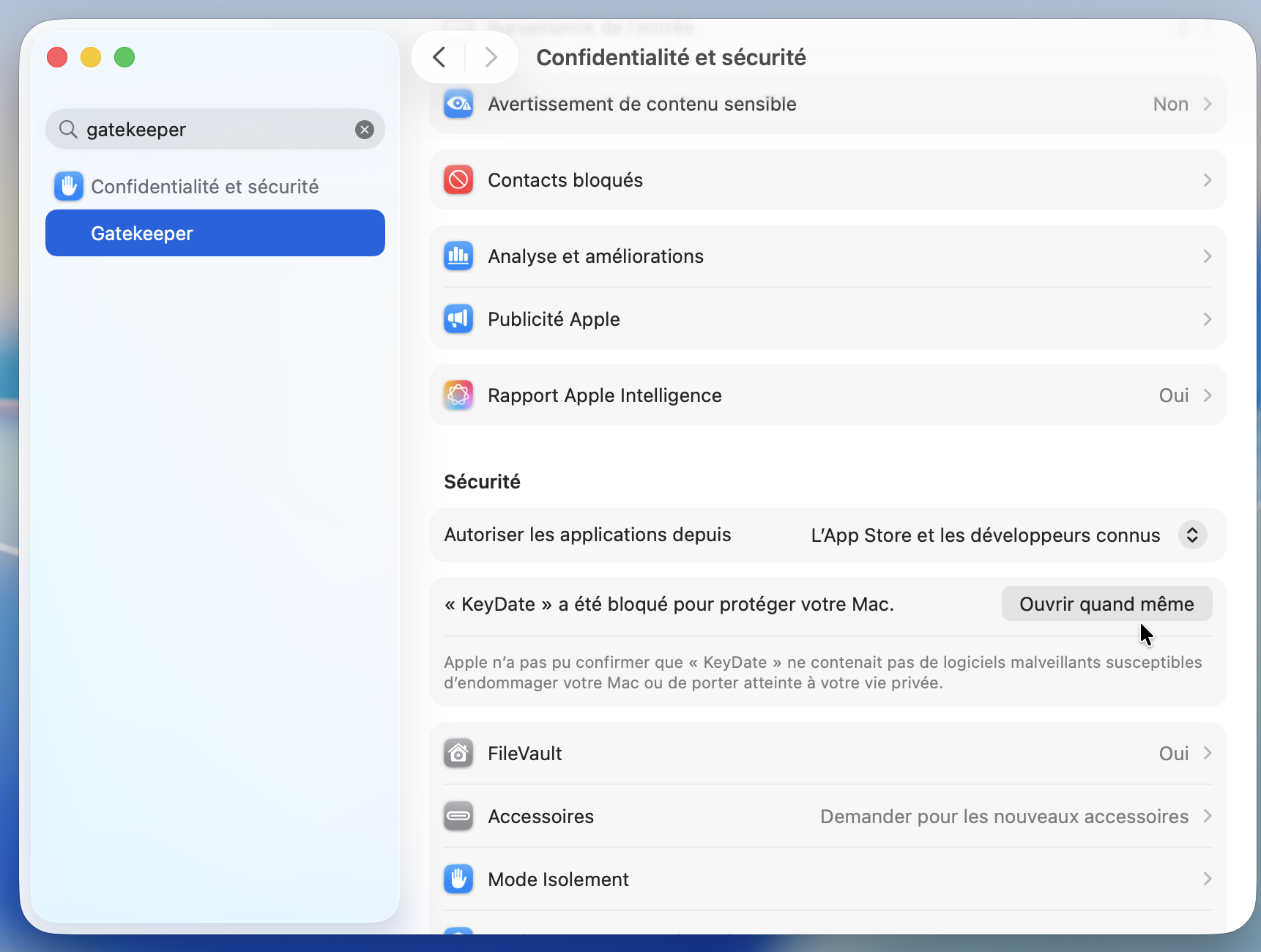 Réglages système — Confidentialité et sécurité — Ouvrir quand même