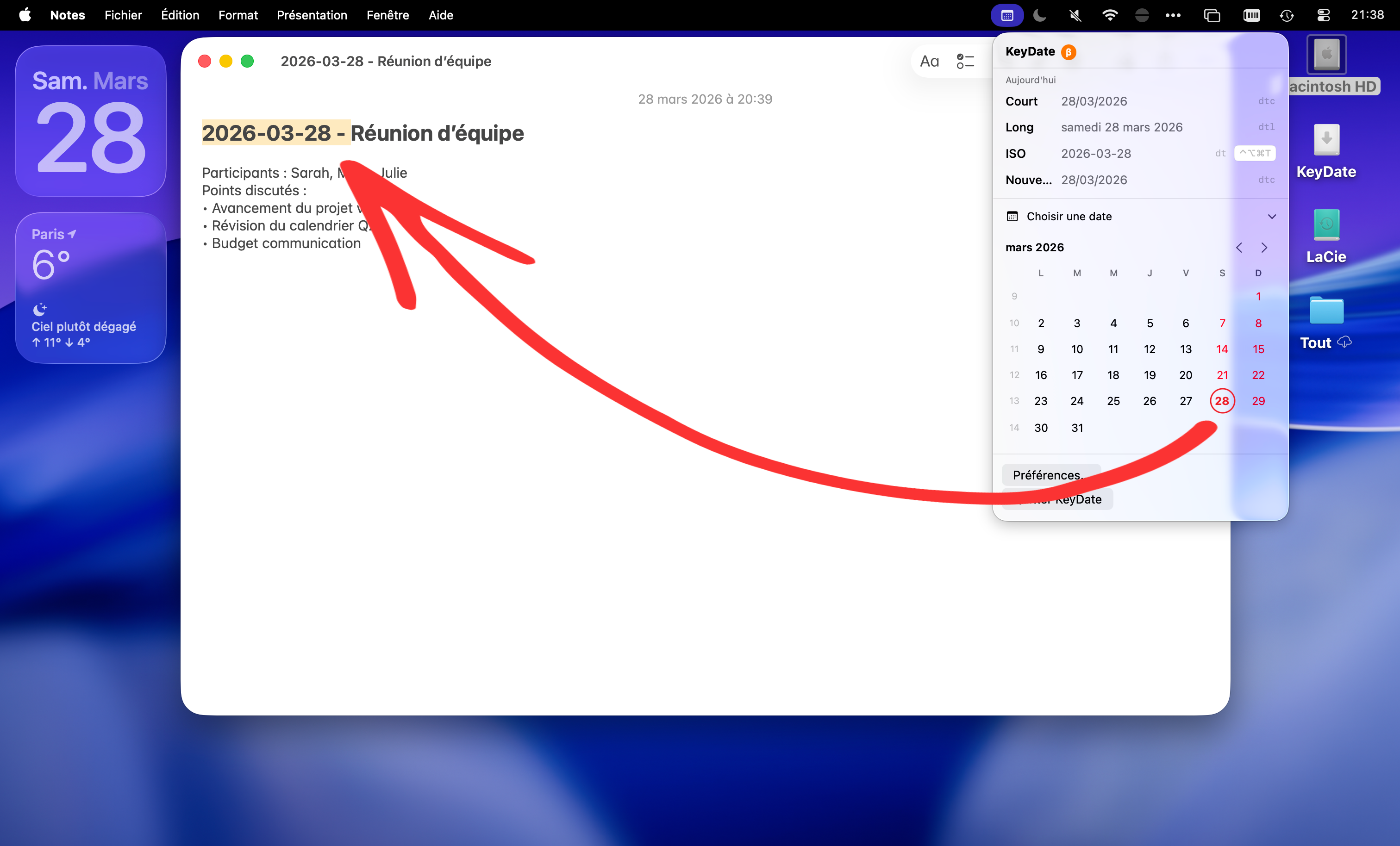 KeyDate dans la barre de menus macOS — popup avec formats de date et mini-calendrier