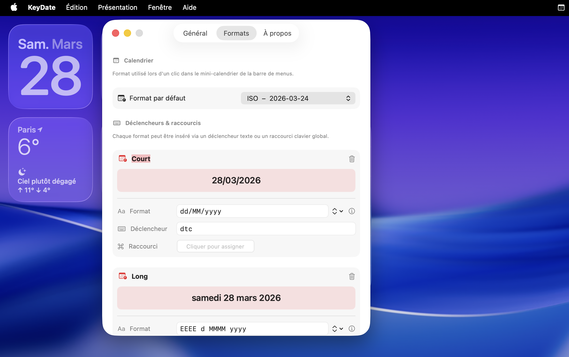 Fenêtre Préférences de KeyDate — onglet Formats avec déclencheurs dts, dtl et raccourci clavier
